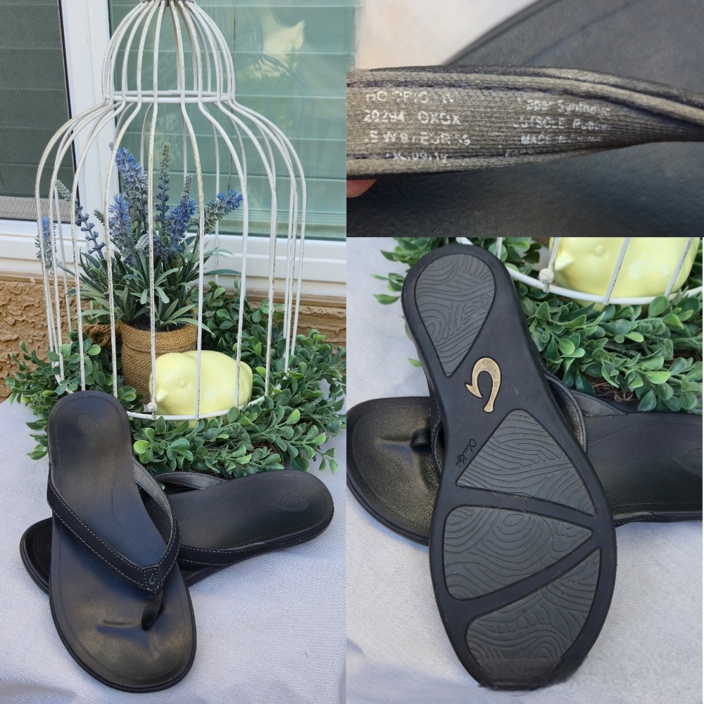 OluKai Hi'ona Black Leather Thong FLIP FLOP Sandals